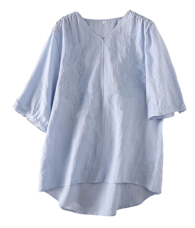 Minibee Women's Cotton Linen Embroidery Blouse V-Neck Plain Simple Tunic Long Sleeve Tops Pullover Blue 2XL - Image 1